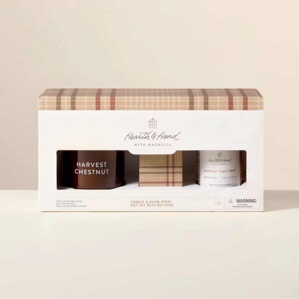 Hearth & Hand 3pc Harvest Chestnut Gift Set w/ 7oz Jar Candle Room Spray Matches